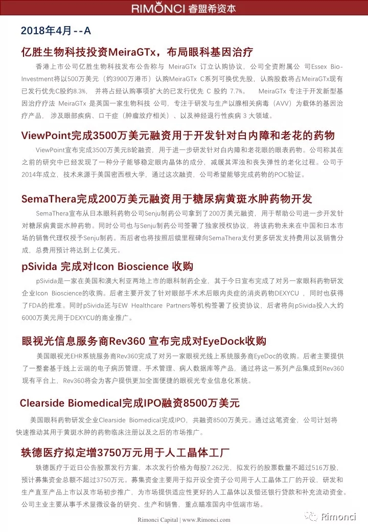 睿盟希視角：精編2018全球眼視光投融資案例