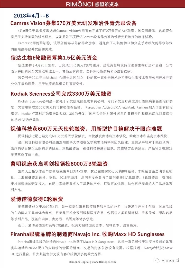 睿盟希視角：精編2018全球眼視光投融資案例