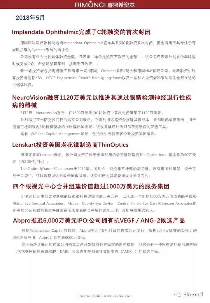 睿盟希視角：精編2018全球眼視光投融資案例