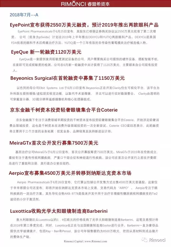 睿盟希視角：精編2018全球眼視光投融資案例